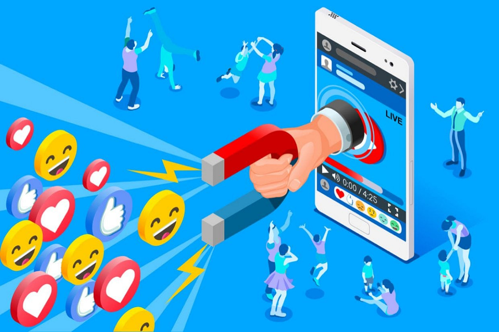 A graphic from Shutterstock of a magnet reaching out from a phone drawing in likes - in other words, what social media does.  https://jingdaily.com/china-influencer-fatigue/