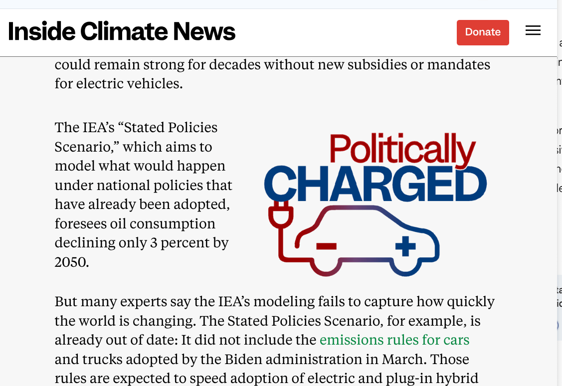 a cartoon of an electric vehicle that says "politically charged" in the text. from a climate site.