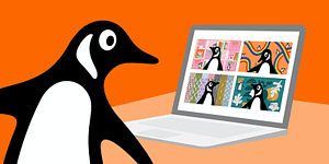 A penguin figure looks at a zoom page that has four penguins joining in.