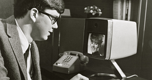 This is a black and white photo of  Pittsburgh Mayor Peter Flaherty at the first public demonstration of the Picturephone on June 30, 1970. AT&T Archives & History Center