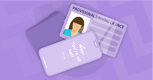  Is  Teen ready for Smartphone? A sketch with a violet colored background of a cell phone case and a provisional driver's license. Used  to promote idea of a provisional phone for teens.