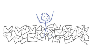 Catoon, stick figure drawing of a person and unopened mail in envelopes
