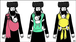A cartoon of three Hasidic men , ech carrying an infant in a baby carrier that they wear around their shoulder. One carrier is pink, one green, one yellow
