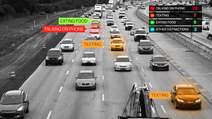 A picture of traffic where tag lines suggest people in the cars are talking on the phone, texting, and engaging in other distracting behaviors.