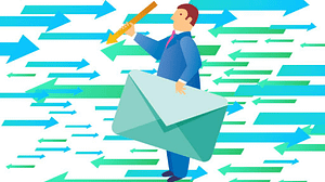 A  cartoon graphic of character holding a big envelope. What direction to send it? Originally from a story about Microsoft and its servers in Ireland.