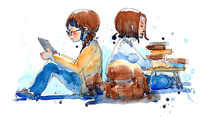 A sketch of a young boy and a young girl sitting back to back reading. Is their reading routine print or digital?