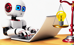 Microsoft image of a robot sitting at a computer, presumably typing ChatGPT text.