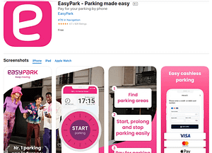 A screenshot of an app for parking called "easypark." There are four panels in this graphic showing how the app works on the phone and that it takes cashless payment.