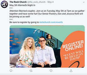 A good looking couple sitting on a couch, announcing a zoom meeting they will hold for the RockChurch. This  was posted  on twitter.