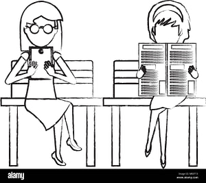 a sketch of two women reading- one has a tablet and the other has a newspaper. 