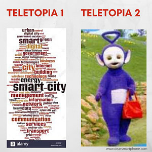 This is an abstract image: first a word bubble about tech on the left and a picture of a teletubby doll on the right. It is titled teletopia 1 and teletopia 2/