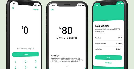 Robinhood is a site to buy and sell stocks. Three smartphone screen shots are shown, which mimic how a real trade would take be placed.
