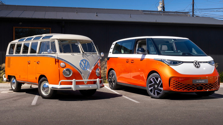 This image shows an original VW van and a new electric one side by side